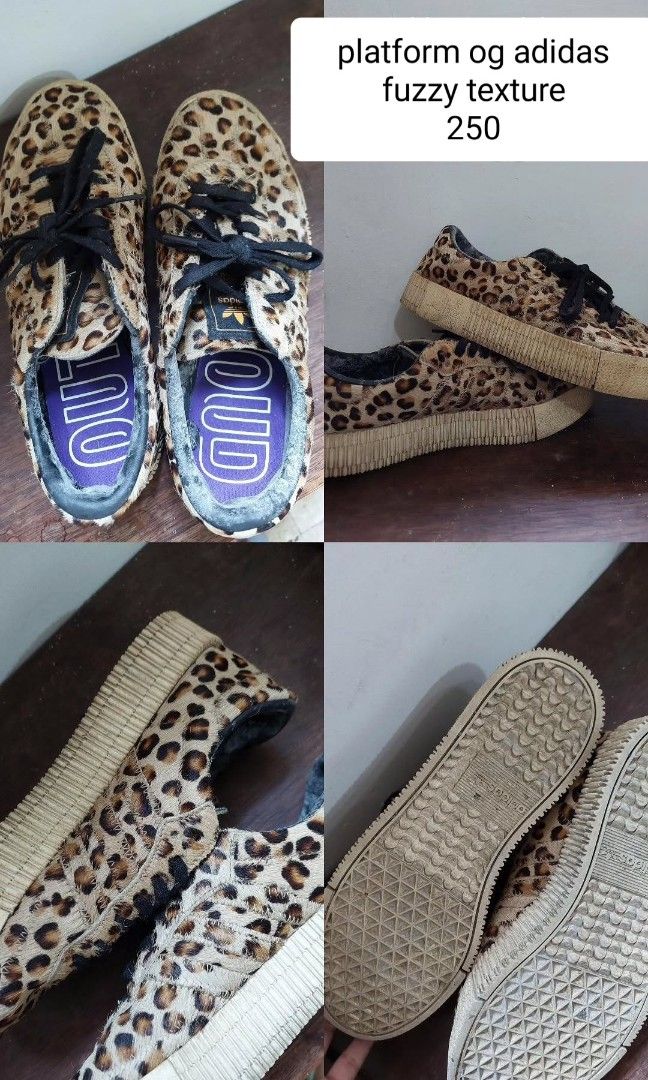 OG ADIDAS Fuzzy Leopard (Category: Sneakers) located in Batangas. Submitted by dramaticcloset (Listing ID 1469453653, Image 1). Description: 100% Original Adidas from Dubai size 7 Fuzzy Material Platform, Thick Soles Barely used, got stuck in stock room Issue: peeling sides of insoles, needs cleaning.