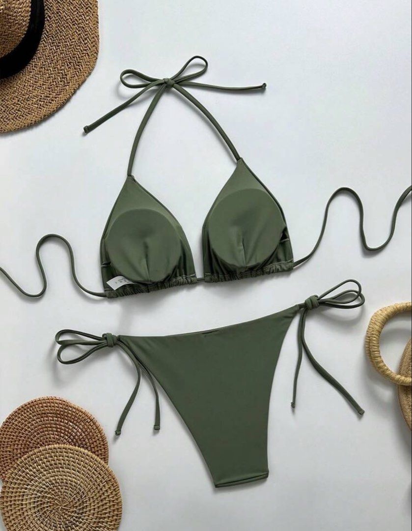 Olive Green Halter Bikini Set with Removable Padding (Category: Bikinis & Swimsuits) located in Pasig City. Submitted by closetcleanoutmnl (Listing ID 1469512678, Image 2). Description: Army green two-piece bikini set. Triangle top with adjustable halter neck ties, back ties, and removable padded cups. Matching side-tie bottoms with adjustable coverage. Soft stretchy fabric, fully lined. Clean condition..