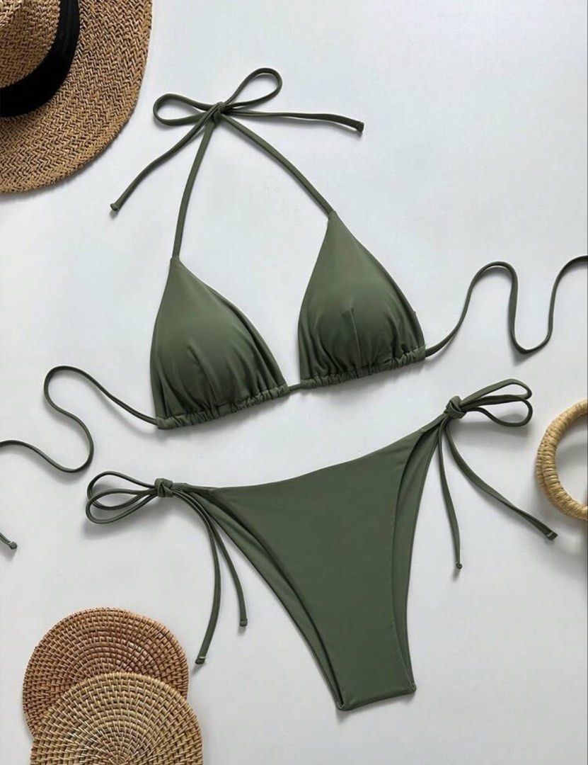 Olive Green Halter Bikini Set with Removable Padding (Category: Bikinis & Swimsuits) located in Pasig City. Submitted by closetcleanoutmnl (Listing ID 1469512678, Image 1). Description: Army green two-piece bikini set. Triangle top with adjustable halter neck ties, back ties, and removable padded cups. Matching side-tie bottoms with adjustable coverage. Soft stretchy fabric, fully lined. Clean condition..