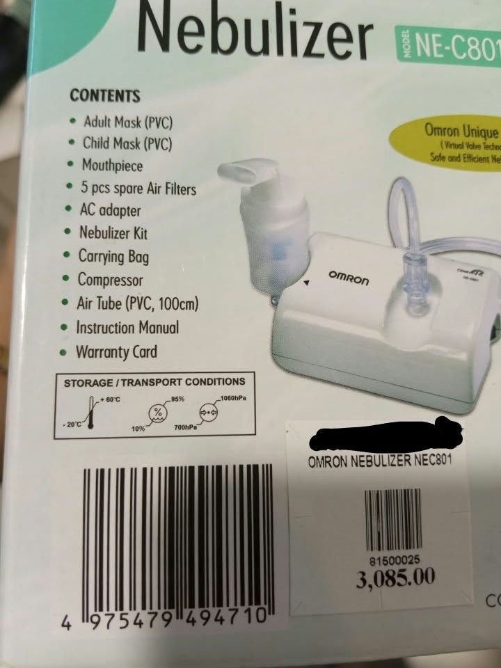 Omron Nebulizer Nec801 (Category: Health Monitors & Weighing Scales) located in Manila. Submitted by happyhawk.fb94fe (Listing ID 1469554619, Image 2). Description: - Brand: Blue Cross - Model: Heart Mate 7000 Series - Type: Digital blood pressure monitoring system with arm cuff included - Large LCD screen for easy reading - Built-in irregular heartbeat detection - 100 memory slots to track your readings over time - Reliable and easy to use at ho