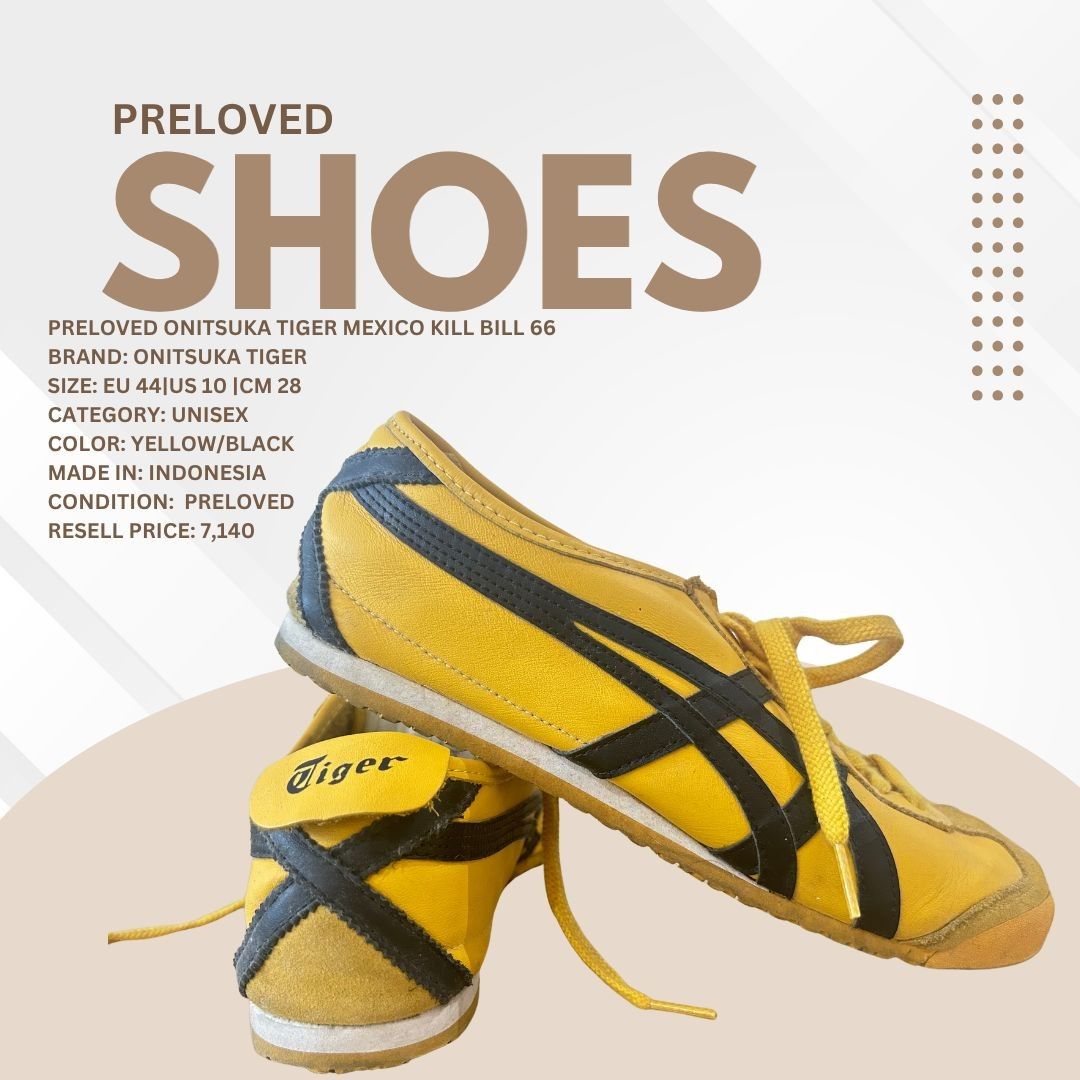 Onitsuka Tiger Mexico Kill Bill 66 (Category: Sneakers & Footwear) located in Quezon City. Submitted by ggb_brokerageservices202 (Listing ID 1469425929, Image 3). Description: Preloved Onitsuka Tiger Mexico Kill Bill 66 Brand: Onitsuka Tiger Size: EU 44|US 10 |CM 28 Category: Unisex Color: Yellow/Black Made in: Indonesia Condition: Preloved Resell price: 7,140.