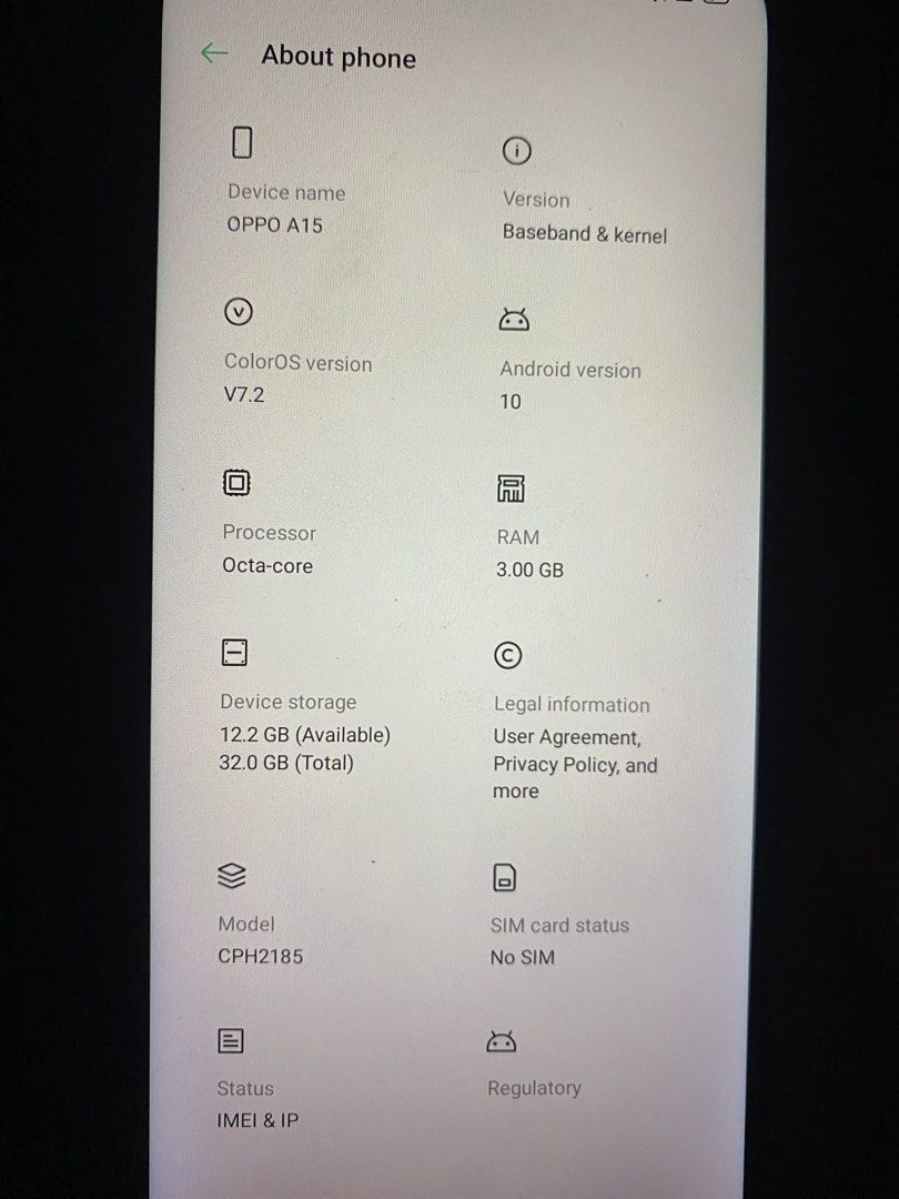 Oppo a15 (Category: OPPO) located in San Pedro. Submitted by calmdog.66aaf1 (Listing ID 1469523367, Image 1). Description: - Brand/Model: Oppo A15 (CPH2185) - Processor: Octa-core - RAM: 3.00 GB - Storage: 32.0 GB Total (12.2 GB Available) - OS: Android 10 with ColorOS v7.2 - Condition: Good working condition, ready to use Included with charging brick only (Has a lot pf scratches due to the material being plastic and mahirap ipress yung power but