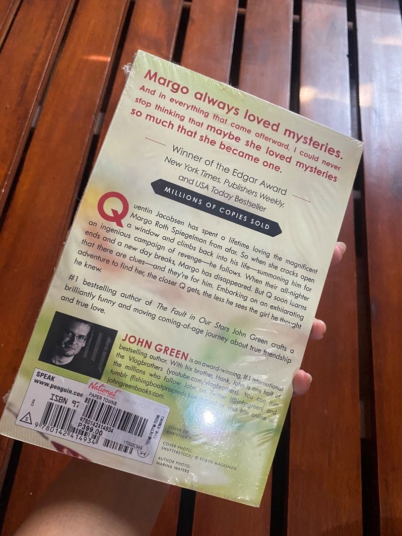 Paper Towns by John Green (Category: Storybooks) located in Pateros City. Submitted by strawberhyun (Listing ID 1469440525, Image 3). Description: - Title: Paper Towns by John Green - Author of the bestselling 'The Fault in Our Stars' - Edgar Award winner - Format: Paperback (Published by Speak) - Condition: Brand new, sealed in original plastic wrapping - Genre: Young Adult Mystery / Fiction.