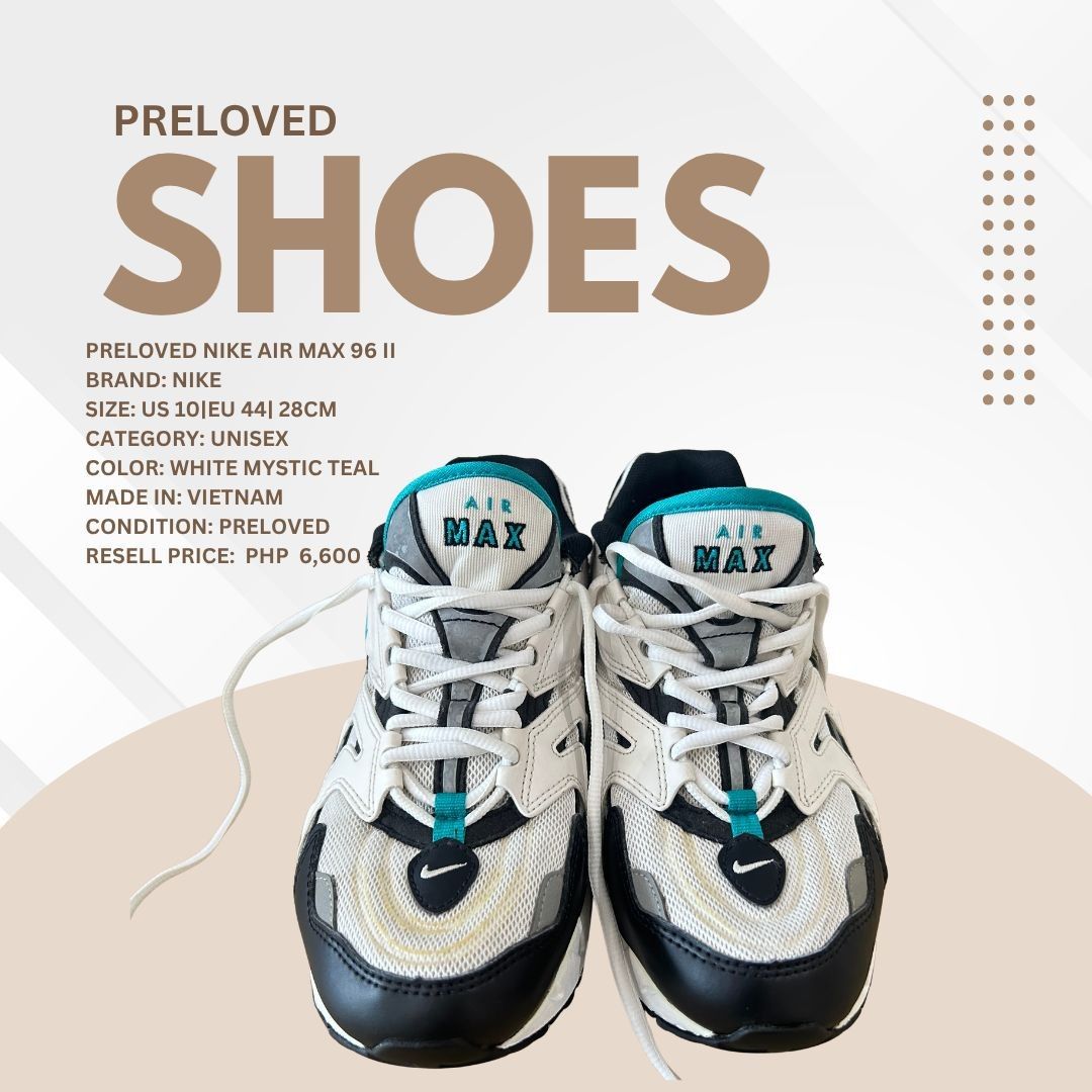 Pe loved Nike Air Max 96 II (Category: Sneakers & Footwear) located in Quezon City. Submitted by ggb_brokerageservices202 (Listing ID 1469422219, Image 2). Description: Preloved Nike Air Max 96 II Brand: Nike Size: US 10|EU 44| 28cm Category: Unisex Color: White Mystic Teal Made in: Vietnam Condition: Preloved Resell price: PHP 6,600.