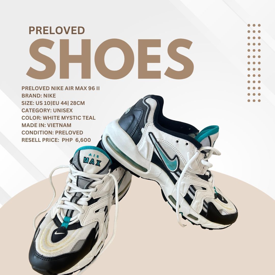 Pe loved Nike Air Max 96 II (Category: Sneakers & Footwear) located in Quezon City. Submitted by ggb_brokerageservices202 (Listing ID 1469422219, Image 1). Description: Preloved Nike Air Max 96 II Brand: Nike Size: US 10|EU 44| 28cm Category: Unisex Color: White Mystic Teal Made in: Vietnam Condition: Preloved Resell price: PHP 6,600.