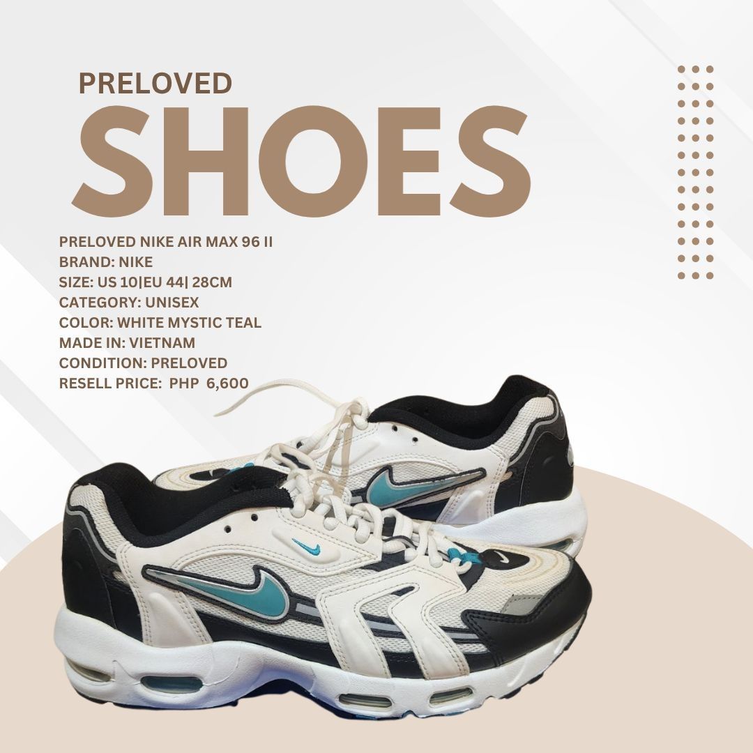 Pe loved Nike Air Max 96 II (Category: Sneakers & Footwear) located in Quezon City. Submitted by ggb_brokerageservices202 (Listing ID 1469422219, Image 3). Description: Preloved Nike Air Max 96 II Brand: Nike Size: US 10|EU 44| 28cm Category: Unisex Color: White Mystic Teal Made in: Vietnam Condition: Preloved Resell price: PHP 6,600.