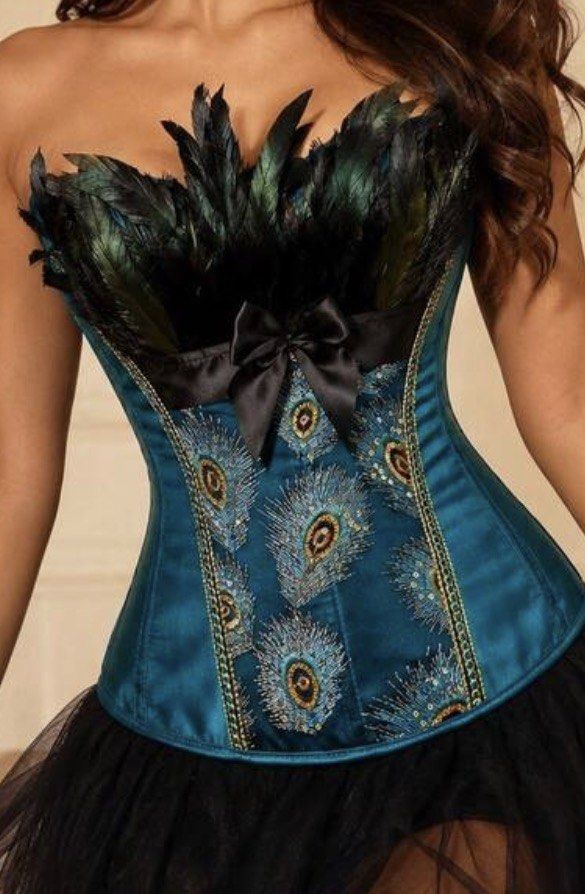 Peacock Feather Satin Corset with Black Bow (Category: Sleeveless) located in Las Pinas. Submitted by kccafes (Listing ID 1469413954, Image 1). Description: - Stunning teal satin corset with intricate embroidered peacock feather pattern - Elegant dark feather trim along the top edge with a cute black satin bow - Built-in structured boning for a flattering, shaped fit - Attached black tutu skirt underneath for a complete look - Perfect condition, 