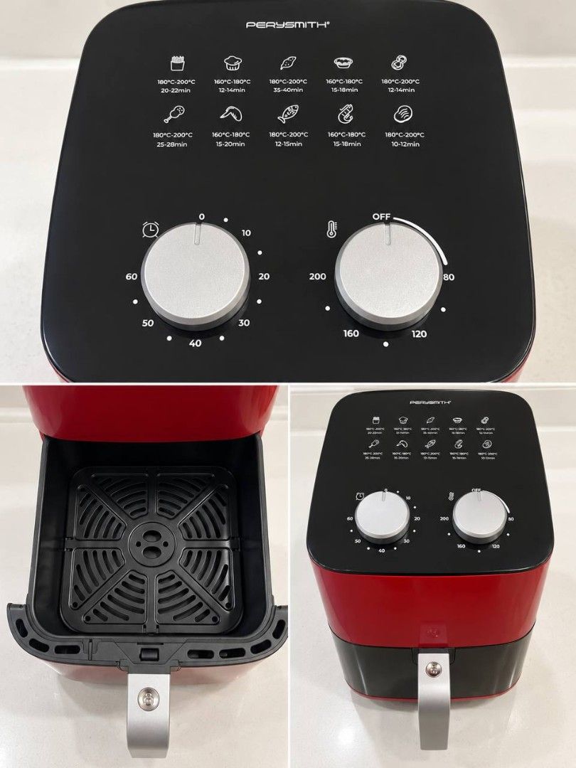 PerySmith Red And Black Air Fryer (Category: Fryers) located in Cebu City. Submitted by micaverzosa30 (Listing ID 1469523143, Image 1). Description: - Brand: PerySmith - Color: Striking red and black design - Controls: Dual mechanical knobs for precise timer and temperature settings - Convenience: Built-in cooking guides on top with icons for fries, chicken, fish, and pastries - Basket: Non-stick removable crisping tray with an easy-grip front ha