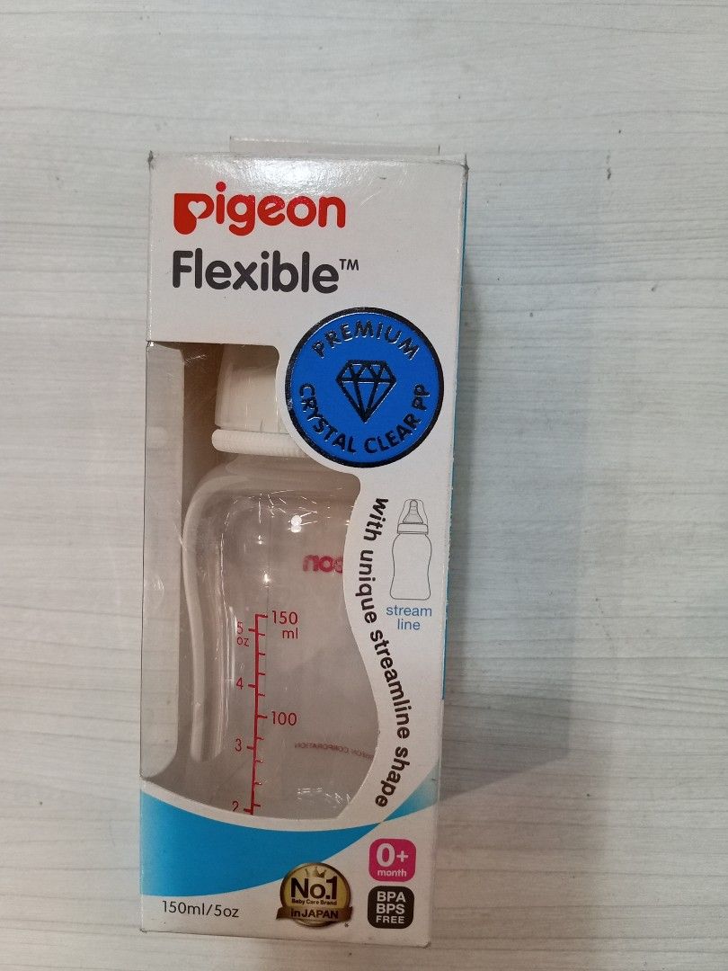 Pigeon Flexible 150ml Baby Bottle (Category: Breastfeeding & Bottle Feeding) located in Manila. Submitted by happyhawk.fb94fe (Listing ID 1469556490, Image 1). Description: - Brand new in original retail packaging - 150ml capacity, ideal for 0+ months - Unique streamline shape that is easy to hold - Flexible silicone nipple with grooved interior for natural tongue support - 100% BPA and BPS free for baby's safety.