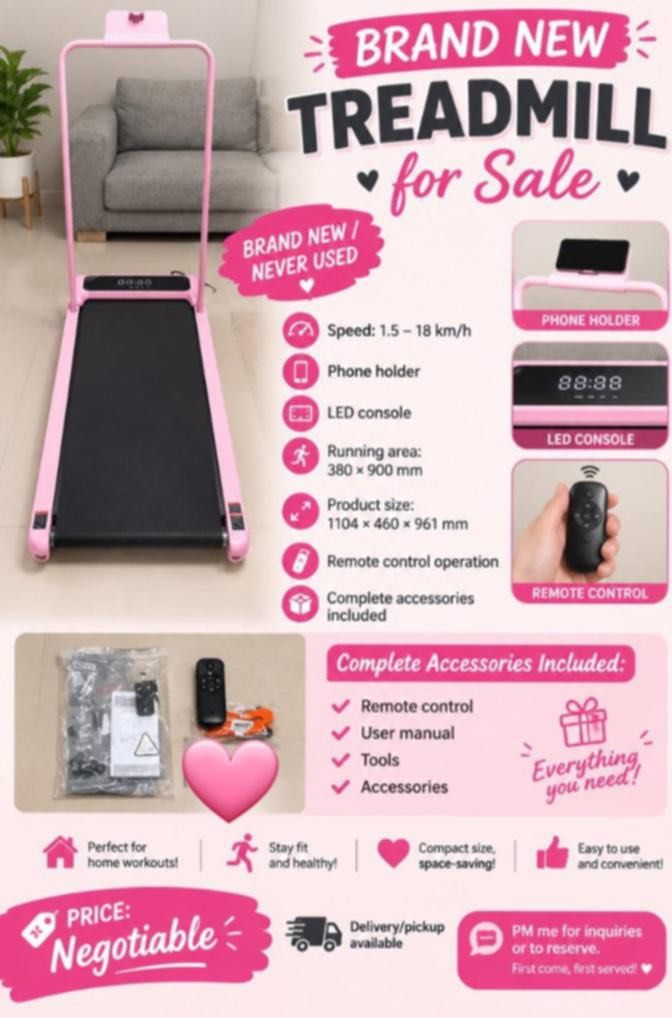 Pink Compact Walking Treadmill with Remote Control (Category: Cardio & Fitness Machines) located in Rizal. Submitted by rayjeansulmaca7 (Listing ID 1469467305, Image 1). Description: - Compact pink walking treadmill perfect for home workouts - Speed range: 1.5 to 18 km/h with wireless remote control - Built-in LED console and convenient phone holder - Running area: 380 x 900 mm (Overall size: 1104 x 460 x 961 mm) - Comes with user manual, tools, 