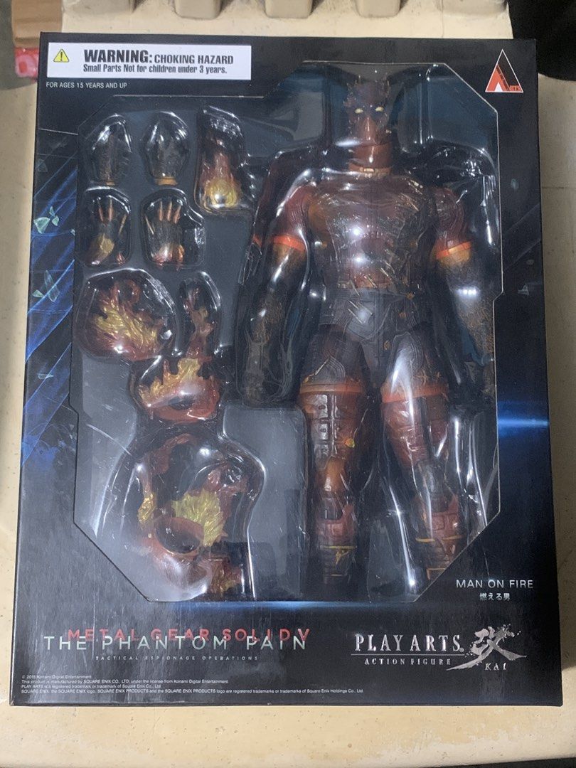 Play Arts Kai Metal Gear Solid V Man On Fire (Category: Figurines & Statues) located in Taguig. Submitted by paradise.collections (Listing ID 1469550849, Image 1). Description: - Brand: Square Enix (Play Arts Kai) - Character: Man On Fire from Metal Gear Solid V: The Phantom Pain - Condition: Back in box - Features: Fully articulated collectible figure - Inclusions: Extra interchangeable hands, flame effect parts, and detailed armor pieces - Pick