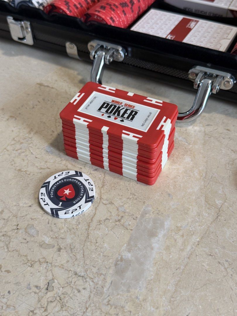 500 Pcs Pokerstars EPT Poker Chip Set with Aluminium Case (Category: Board Games & Puzzles) located in Singapore. Submitted by nextgengoods (Listing ID 1469428092, Image 4). Description: - Complete Ceramic Poker Set - Denomination is perfect for up to 10 players home games and poker nights - Pokerstars EPT ceramic chips in multiple denominations - World Series of Poker (WSOP) plaques x10 - 2 decks of Plastic WPT playing cards (1 new, 1 like new) 