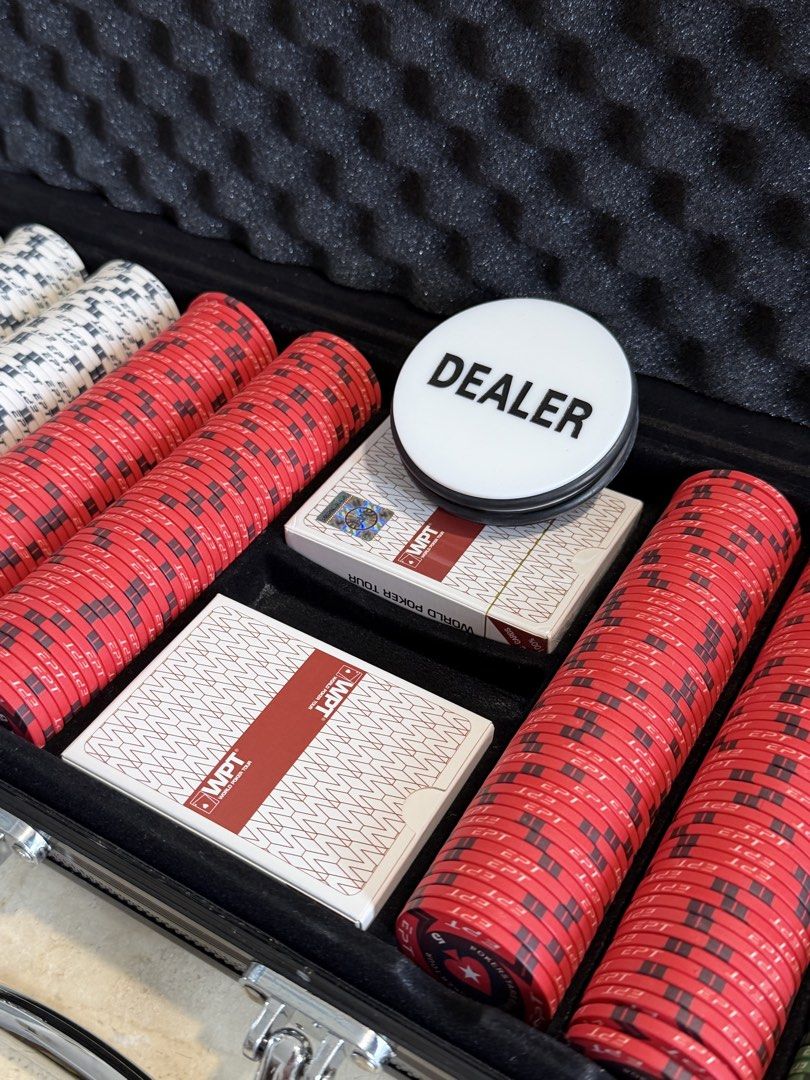 500 Pcs Pokerstars EPT Poker Chip Set with Aluminium Case (Category: Board Games & Puzzles) located in Singapore. Submitted by nextgengoods (Listing ID 1469428092, Image 2). Description: - Complete Ceramic Poker Set - Denomination is perfect for up to 10 players home games and poker nights - Pokerstars EPT ceramic chips in multiple denominations - World Series of Poker (WSOP) plaques x10 - 2 decks of Plastic WPT playing cards (1 new, 1 like new) 