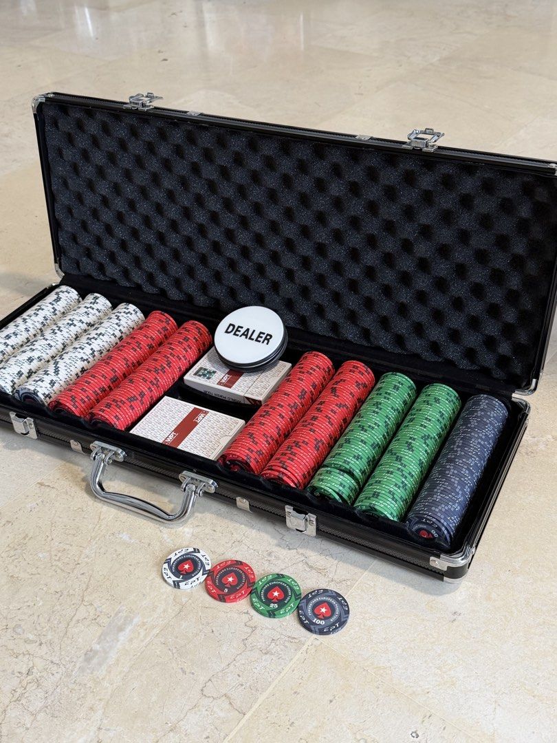 500 Pcs Pokerstars EPT Poker Chip Set with Aluminium Case (Category: Board Games & Puzzles) located in Singapore. Submitted by nextgengoods (Listing ID 1469428092, Image 1). Description: - Complete Ceramic Poker Set - Denomination is perfect for up to 10 players home games and poker nights - Pokerstars EPT ceramic chips in multiple denominations - World Series of Poker (WSOP) plaques x10 - 2 decks of Plastic WPT playing cards (1 new, 1 like new) 