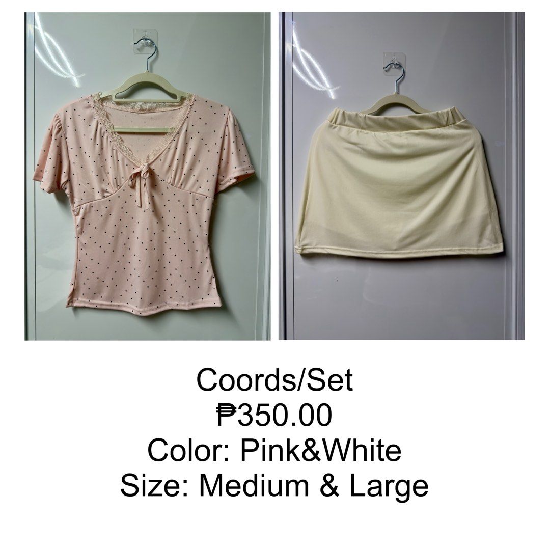 Polka Dot Top and Skirt (Category: Sets or Coordinates) located in Manila. Submitted by signatureessentialsph (Listing ID 1469557072, Image 1). Description: Color: White/Pink Size: Medium&Large Dm if interested Tiktok C/O Lalamove.