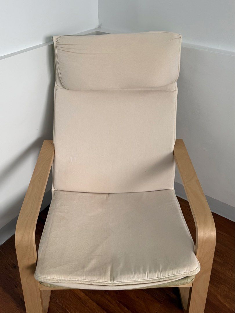 Poäng Armchair (Category: Chairs) located in Quezon City. Submitted by sleep.ingwithsirens (Listing ID 1469488465, Image 1). Description: Color: Birch Condition: Lightly used - Frame is still sturdy, solid, and in great structural condition - Flaw: Some minor stains and discoloration on the fabric cushion - Negotiable 📍 Binangonan, Rizal .