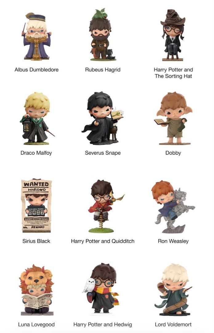 POP MART Hirono x Harry Potter (Category: Designer & Blind Box Toys) located in Quezon City. Submitted by mkscara (Listing ID 1469512623, Image 2). Description: Set A HP Sorting Hat + Albus + Voldemort + Ron Set B HP Quidditch + Luna + Sirius + Snape Set C HP Hedwig + Hagrid + Draco + Dobby Sealed foil/ Opened Bottom Box Dm me if interested.