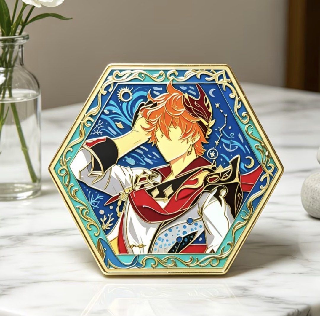 [PRE ORDER] Genshin Impacts Character Hexagonal Enamel Pin Collection (Category: Character Goods) located in Diplahan. Submitted by vanrouge404 (Listing ID 1469517662, Image 1). Description: - Stunning hexagonal anime enamel pins featuring intricate stained-glass style borders - Premium gold plating outlining each detailed design - Vibrant enamel colors with beautiful celestial and floral backgrounds - Multiple character variants available: orang
