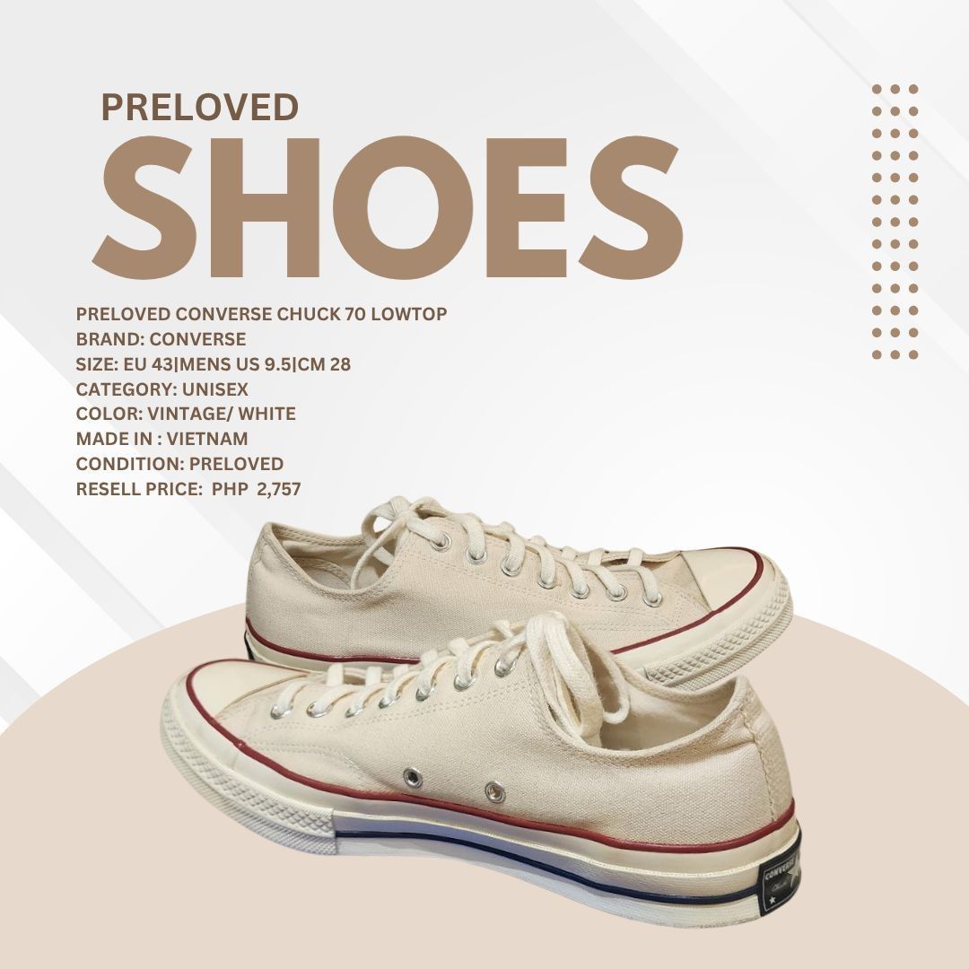 Preloved Converse Chuck 70 Lowtop (Category: Sneakers & Footwear) located in Quezon City. Submitted by ggb_brokerageservices202 (Listing ID 1469424931, Image 1). Description: Preloved Converse Chuck 70 Lowtop Brand: Converse Size: EU 43|MENS US 9.5|CM 28 Category: Unisex Color: Vintage/ White Made in : Vietnam Condition: Preloved Resell price: PHP 2,757.