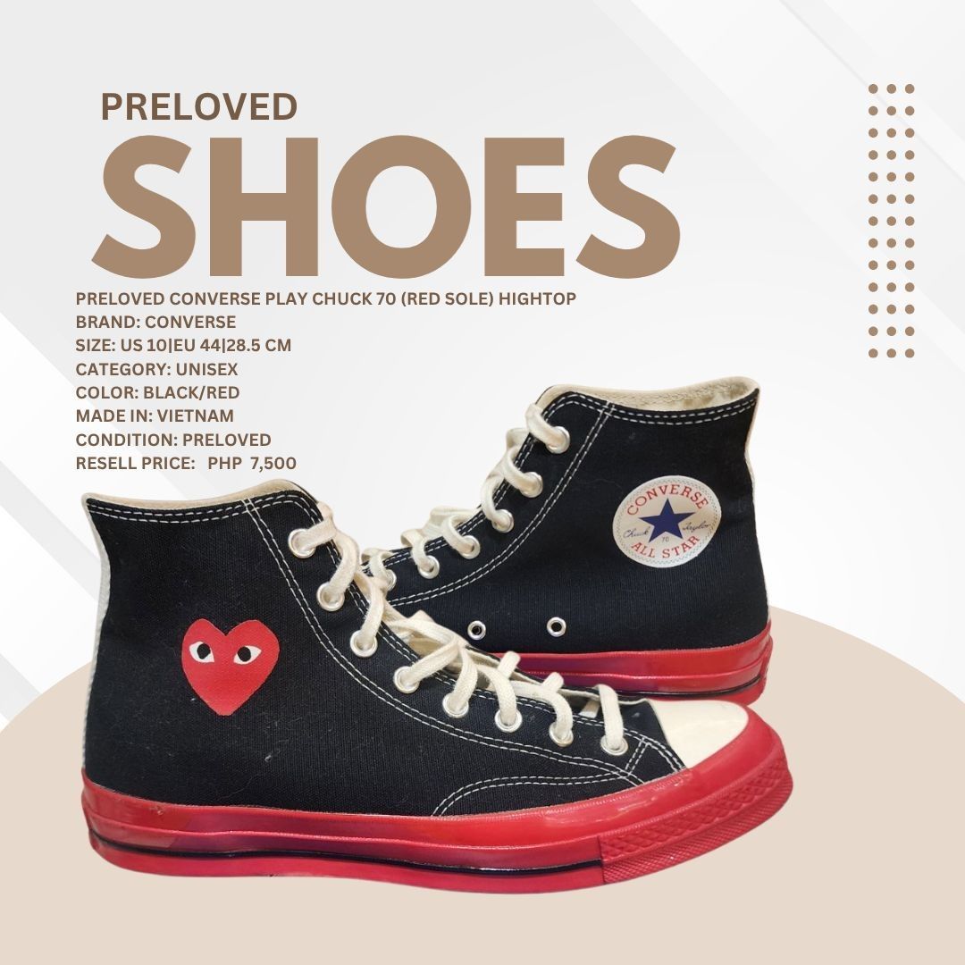 Preloved Converse Play Chuck 70 (Red Sole) Hightop (Category: Sneakers & Footwear) located in Quezon City. Submitted by ggb_brokerageservices202 (Listing ID 1469422747, Image 1). Description: Preloved Converse Play Chuck 70 (Red Sole) Hightop Brand: Converse Size: US 10|EU 44|28.5 CM Category: Unisex Color: Black/Red Made in: Vietnam Condition: Preloved Resell price: PHP 7,500.
