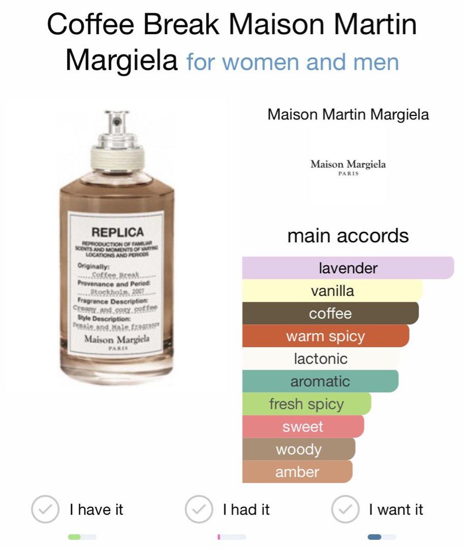 PREORDER - Maison Margiela Replica Coffee Break Perfume (Category: Fragrance & Deodorants) located in Bayombong. Submitted by lenmon96 (Listing ID 1469569948, Image 2). Description: ETA NOV 2026 - Brand: Maison Margiela Replica - Fragrance Name: Coffee Break (Stockholm, 2007) - Gender: Unisex (for women and men) - Scent Profile: Creamy, cozy, gourmand - Key Notes: Lavender, vanilla, coffee, and warm spicy undertones At least 2k DP.