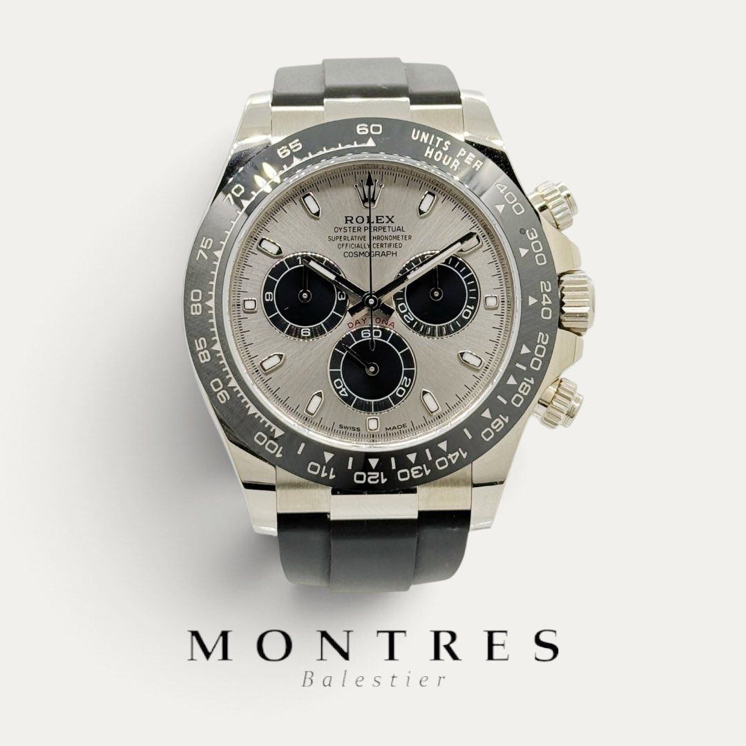 Pre-owned Rolex 18K White Gold Cosmograph Daytona Oysterflex 116519LN Grey Dial 116519 LN “Ghost” (AN)(2021)(NFC) (Category: Watches) located in Singapore. Submitted by montresbalestier (Listing ID 1469447713, Image 1). Description: Please follow us for updates on our latest watches! Brand: Rolex Model: Cosmograph Daytona Reference: 116519LN Size: 40MM Material: White Gold & Oysterflex (Ceramic Bezel) Dial: Grey Condition: like new , watch and NF