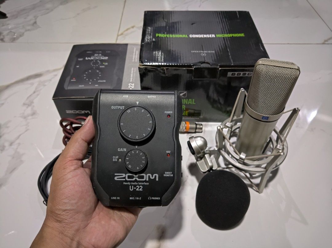 Pro Recording Equipment (BUNDLE) (Category: Other Audio Equipment) located in General Trias. Submitted by mervcorner (Listing ID 1469553368, Image 3). Description: Recording Equipment (BUNDLE) Includes: Rayhates Condenser Microphone (U87/48V) Mic Clip Dual XLR Line Vention Cable Zoom U-22 Audio Interface USB 2.0 Cable Manuals Boxes IDEAL for professional recording, home studio recording, live streaming, voice over/video editing, podcast, church w