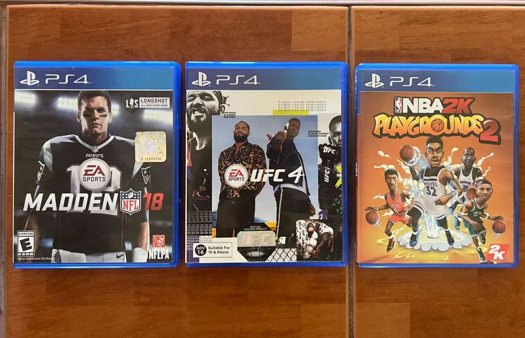 PS4 Sports Games Bundle (Category: PlayStation) located in Lucena. Submitted by makolista44533 (Listing ID 1469406818, Image 1). Description: PS4 Sports Game Bundle Sale. Includes: NBA 2K Palygrounds 2 UFC 4 Madden 18 Set Price: 1,600 only. All in good working conditions Loc: Lucena City.