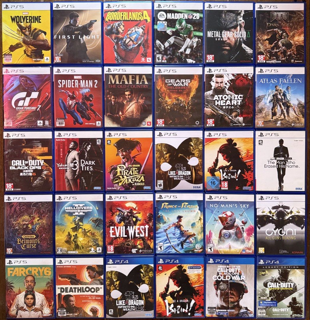 Ps5 and ps4 games (Category: PlayStation) located in Manila. Submitted by gamengrind (Listing ID 1469403298, Image 1). Description: Ps5 Wolverine - 2800 007 First Light - 2500 Borderlands 4 - 2500 Madden 26 - 2500 Metal Gear Solid Delta - 2000 Doom the Dark Ages - 2000 Gran Turismo 7 - 2000 Spiderman 2 - 1800 Mafia the Old Country - 1800 Gears of War - 1800 brand new sealed Atomic Heart - 1600 Atlas Fallen - 1600 Call of Duty Black Ops 6 - 1500 Y
