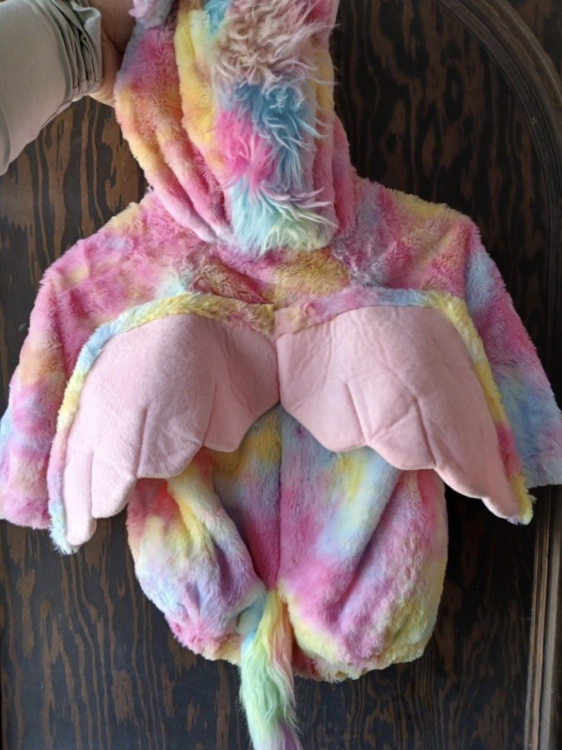 Rainbow Unicorn Fluffy Jacket with Wings and Tail (Category: Coats, Jackets and Outerwear) located in Las Pinas. Submitted by yourboki.2026 (Listing ID 1469523676, Image 2). Description: - Fuzzy multicolored unicorn jacket in vibrant pastel rainbow shades (pink, yellow, blue) - Features cute 3D pink plush wings on the back and a matching tail at the hem - Hooded design with a furry mane, plus silver horn and ears on the front - Made from ultra-so