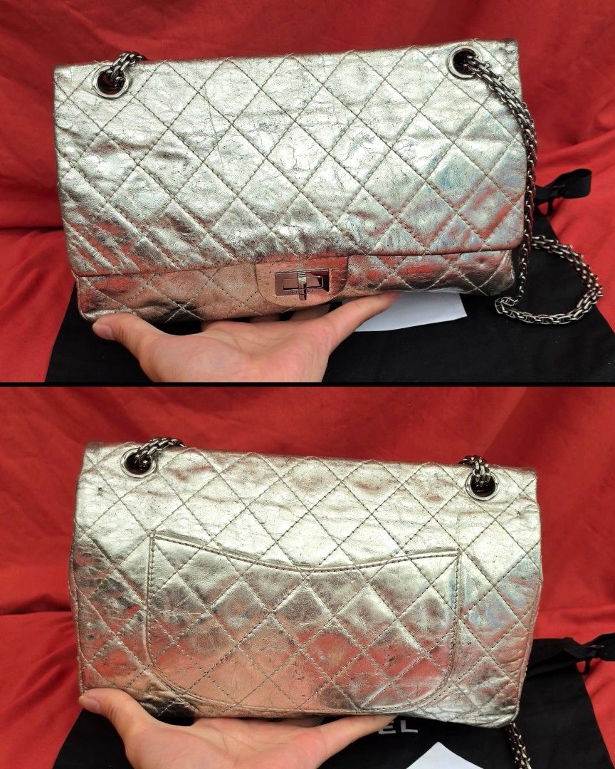 🛑Rare Chanel 2.55 Reissue Medium Double Flap Silver Quilted Bag (Category: Luxury Bags & Wallets) located in Baguio. Submitted by bagluxers_haven (Listing ID 1469441220, Image 2). Description: 🛑Authentic Rare Chanel 2.55 Reissue Metallic Silver Medium Double Flap Bag in Quilted Aged Calfskin Leather Along w/ Ruthenium Hardware Sliding Chain Strap & Mademoiselle Turn Lock Closure 》Series 11, Year 2006 - 2008 🛑Still in Very Good Condition & come