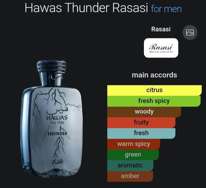 Rasasi Hawas Thunder For Him (Category: Fragrance & Deodorants) located in Quezon City. Submitted by brave_dowayne (Listing ID 1469539644, Image 1). Description: - Fragrance: Rasasi Hawas Thunder for Men - Scent Profile: Citrus, fresh spicy, woody, fruity, fresh, warm spicy, green, aromatic, and amber - Bottle Design: Distinct lightning bolt design with a sleek dark cap - Status: Highly popular and in-demand fragrance - Condition: Brand new and a