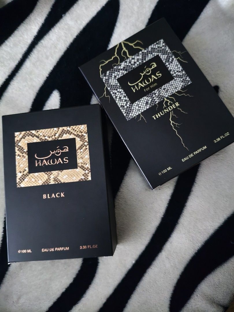Rassasi Hawas Thunder and Black (Category: Fragrance & Deodorants) located in Paranaque City. Submitted by jms.preloveditem (Listing ID 1469542195, Image 1). Description: Rassasi Hawas Thunder Dupe of Myself L Absolu 98-99ml Rassasi Hawas Black Dupe of Nishane Hacivat 97-98ML.