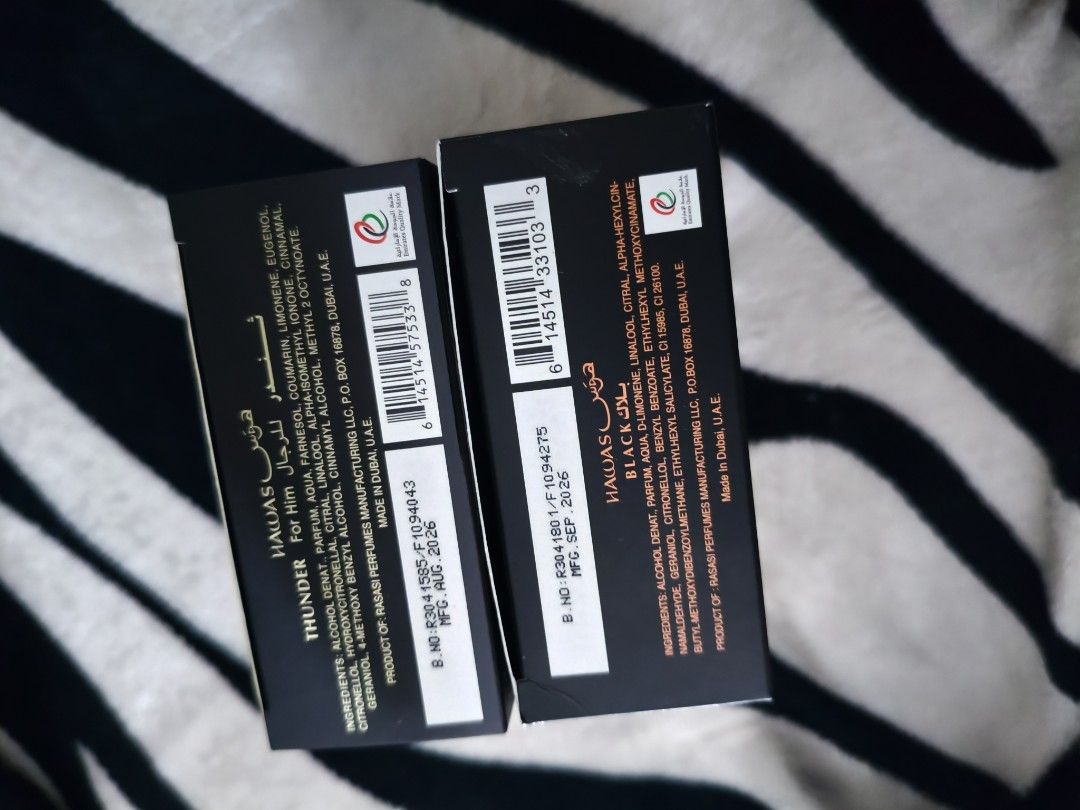 Rassasi Hawas Thunder and Black (Category: Fragrance & Deodorants) located in Paranaque City. Submitted by jms.preloveditem (Listing ID 1469542195, Image 2). Description: Rassasi Hawas Thunder Dupe of Myself L Absolu 98-99ml Rassasi Hawas Black Dupe of Nishane Hacivat 97-98ML.