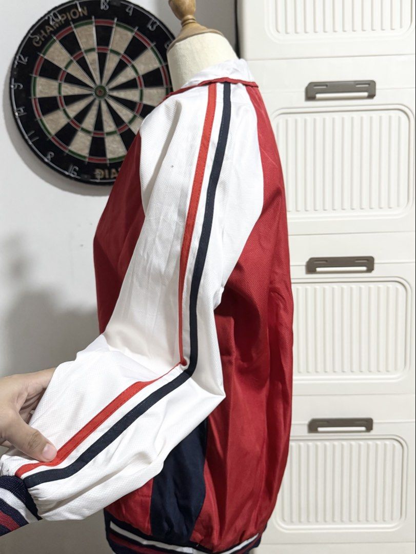 Red and White Varsity Jacket (Category: Coats, Jackets and Outerwear) located in Manila. Submitted by thechobecloset (Listing ID 1469524323, Image 3). Description: FIX PRICE Size: S-M Pre-Loved .