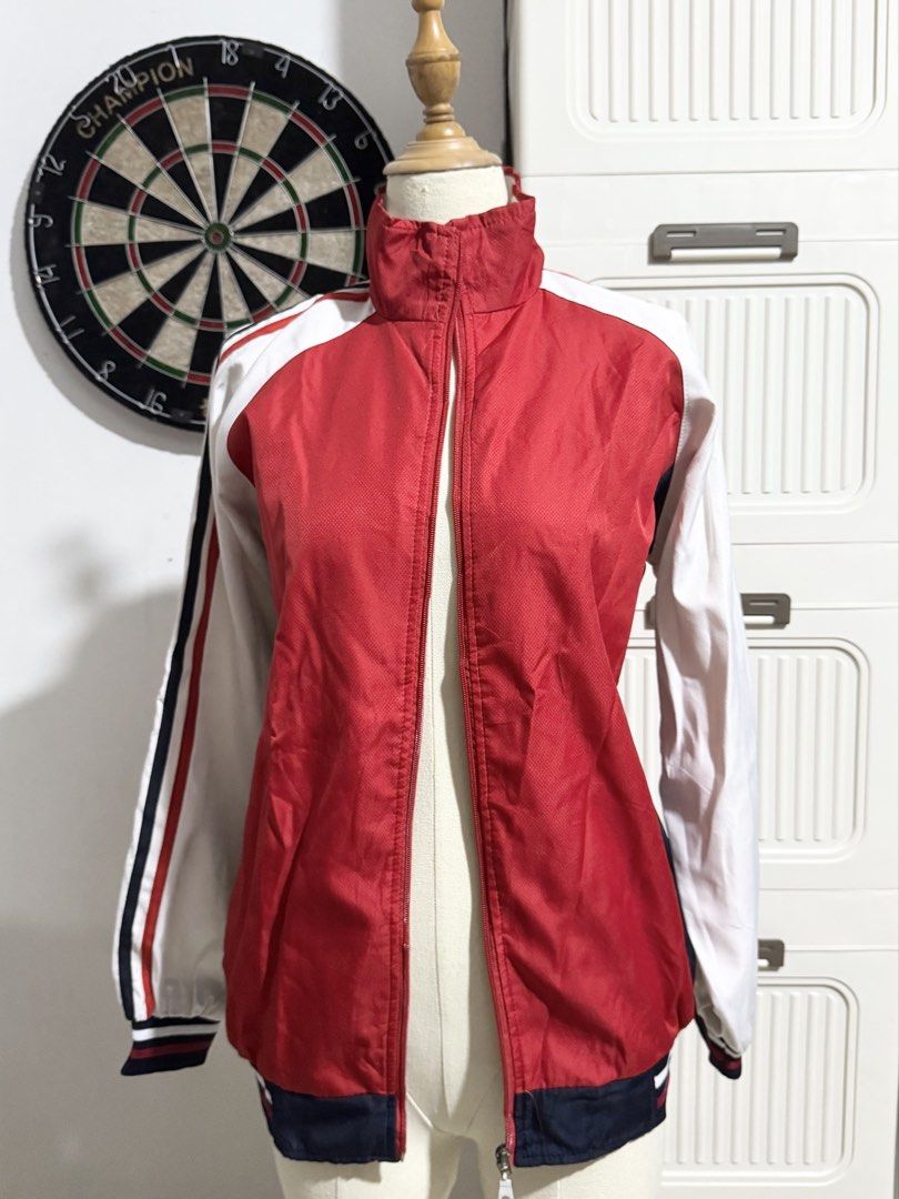 Red and White Varsity Jacket (Category: Coats, Jackets and Outerwear) located in Manila. Submitted by thechobecloset (Listing ID 1469524323, Image 2). Description: FIX PRICE Size: S-M Pre-Loved .