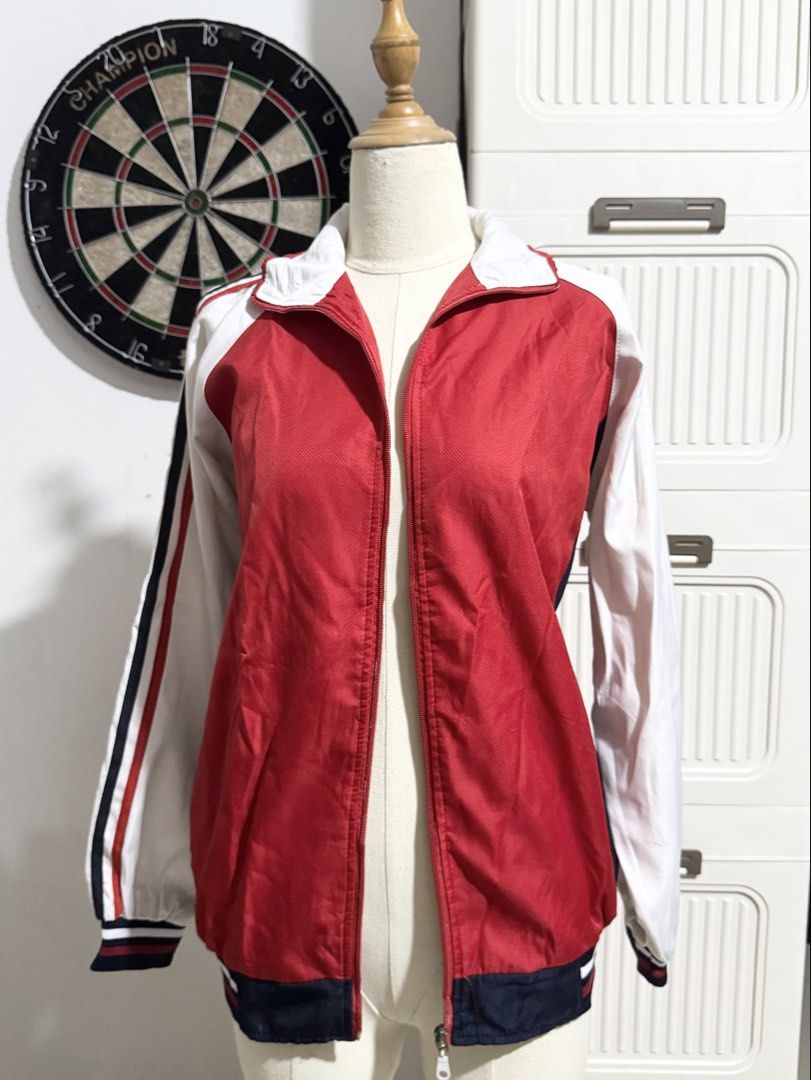 Red and White Varsity Jacket (Category: Coats, Jackets and Outerwear) located in Manila. Submitted by thechobecloset (Listing ID 1469524323, Image 1). Description: FIX PRICE Size: S-M Pre-Loved .