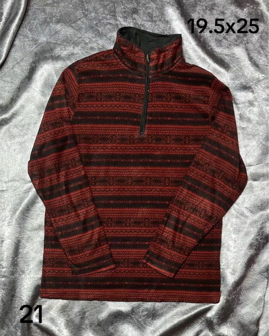 Red Black Pattern Quarter Zip Fleece Pullover (Category: Coats, Jackets and Outerwear) located in Cavite. Submitted by bellewii (Listing ID 1469446924, Image 1). Description: - Style: Red and black geometric patterned fleece pullover - Features: Quarter-zip front with high neck collar and long sleeves - Comfort: Super soft, cozy, and warm material - Measurements: Pit to pit ~19.5", Length ~25", Sleeve length ~21" - Condition: Great pre-loved cond