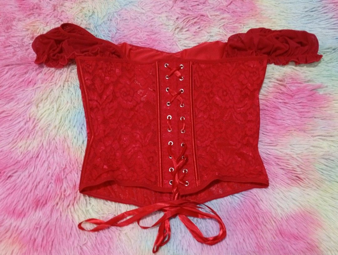 Red lace corset top (Category: Blouses) located in Manila. Submitted by rienero (Listing ID 1469479544, Image 2). Description: Red Lace Corset Top Size: Large Used once, good as new! Bought from SHEIN for ₱513. Selling for ₱450 (negotiable) Loc. North Caloocan/Near SM fairview Drop your offers! 💌.