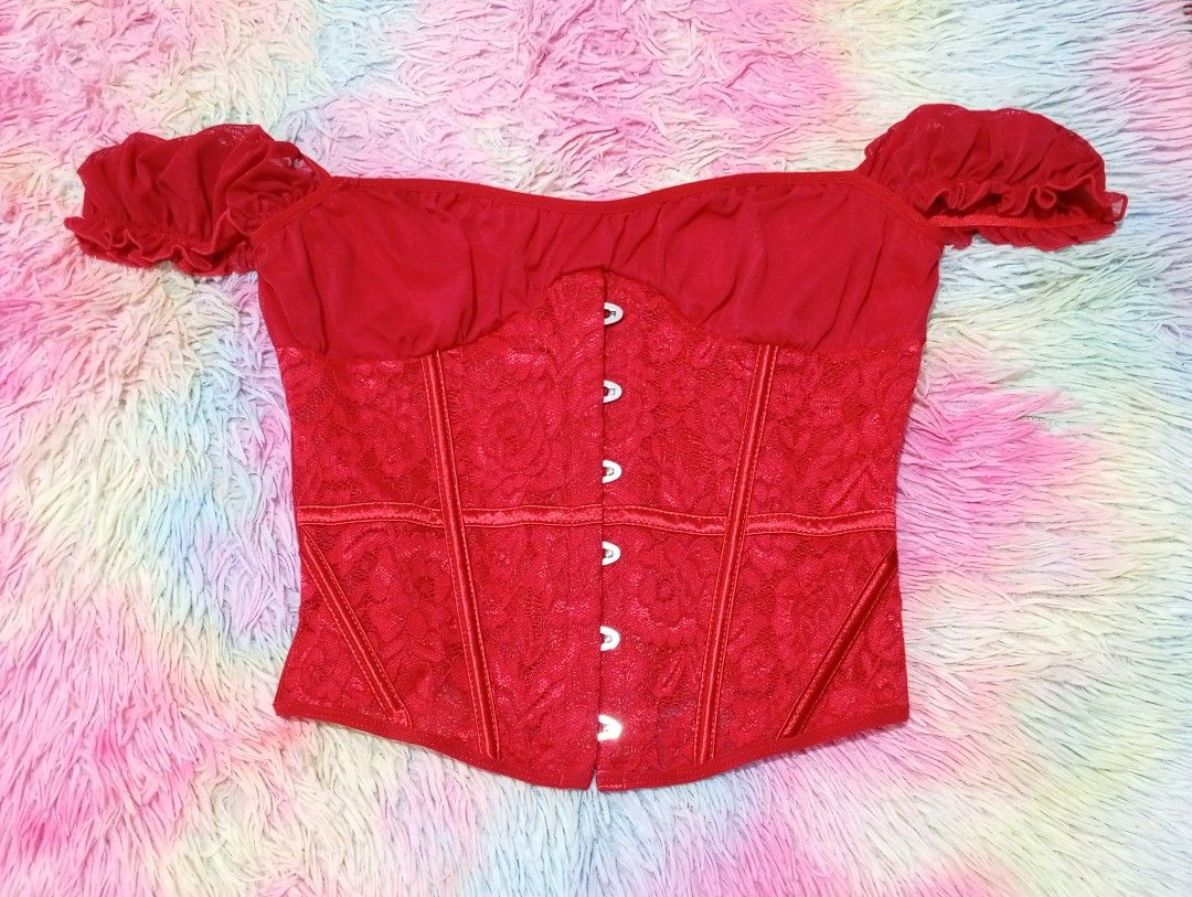 Red lace corset top (Category: Blouses) located in Manila. Submitted by rienero (Listing ID 1469479544, Image 1). Description: Red Lace Corset Top Size: Large Used once, good as new! Bought from SHEIN for ₱513. Selling for ₱450 (negotiable) Loc. North Caloocan/Near SM fairview Drop your offers! 💌.