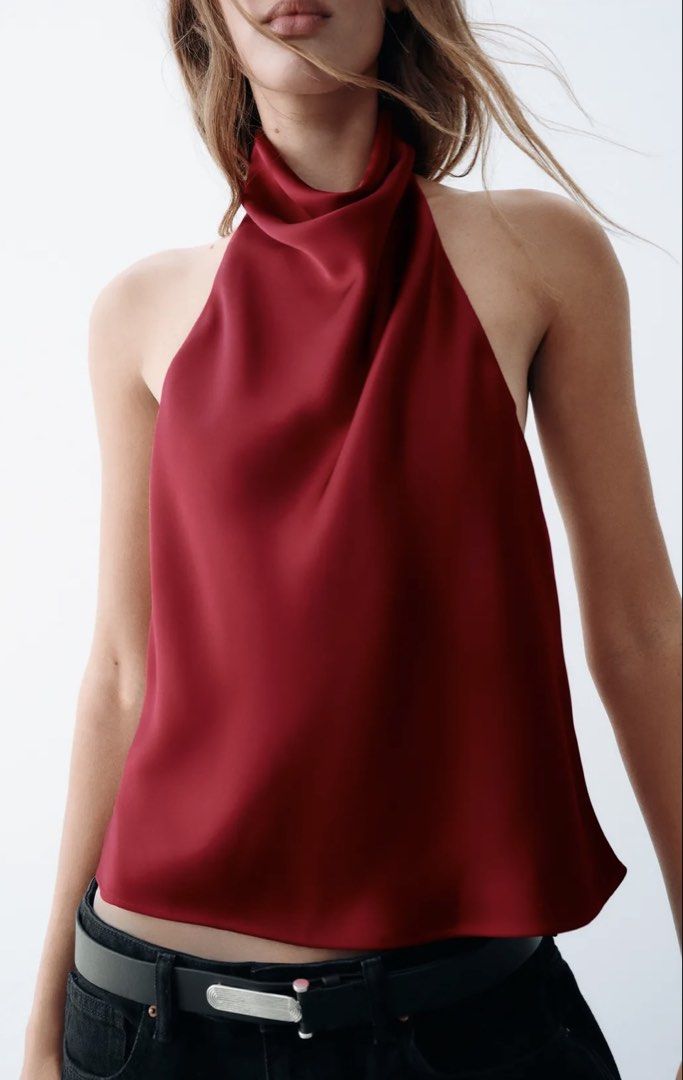 Red Satin Halter Top Backless (Zara) (Category: Sleeveless) located in Manila. Submitted by ayeka.finds (Listing ID 1469510236, Image 1). Description: Zara bnew with tag.