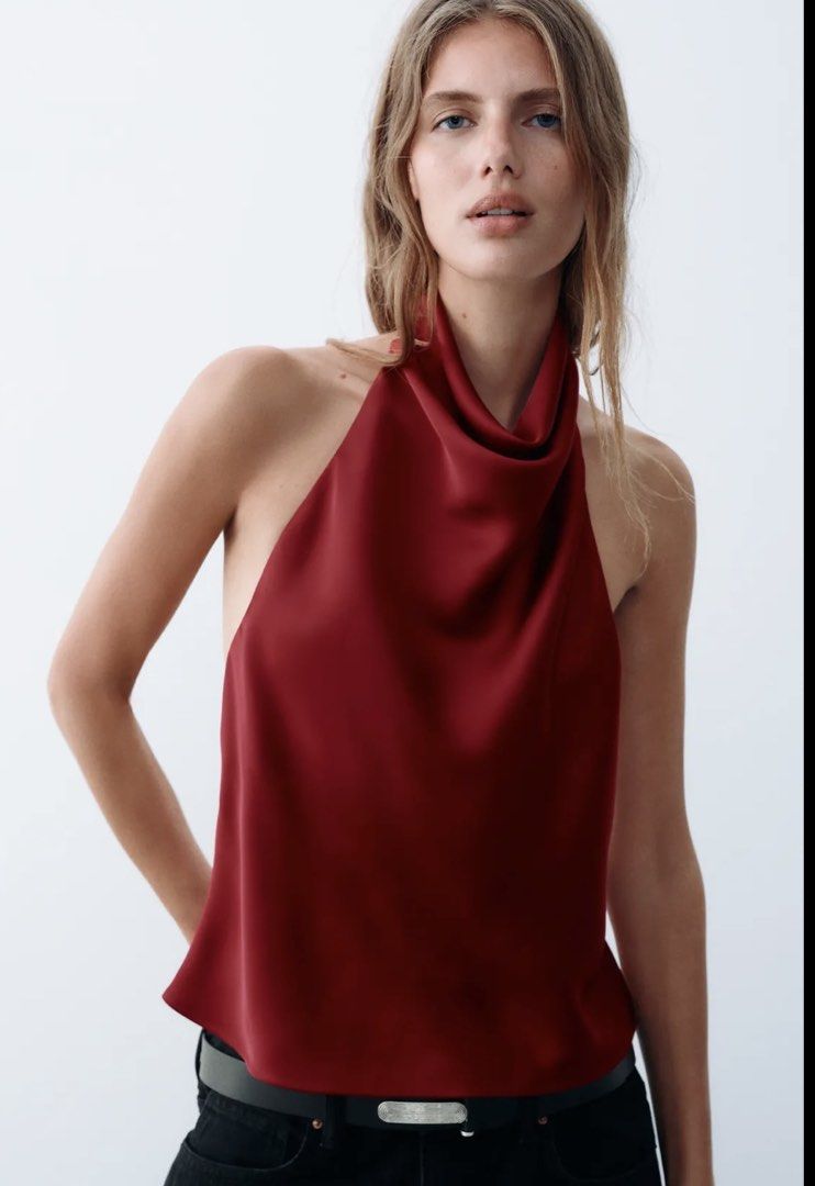Red Satin Halter Top Backless (Zara) (Category: Sleeveless) located in Manila. Submitted by ayeka.finds (Listing ID 1469510236, Image 2). Description: Zara bnew with tag.