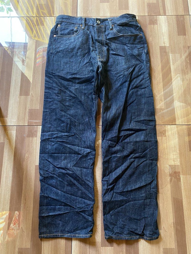 Red Tornado Raw Denim Jeans W36 L32 (Category: Jeans) located in Pandi. Submitted by nasya_thrift_collection2023 (Listing ID 1469415221, Image 2). Description: - Brand: Red Tornado - Color: Dark indigo wash - Size: 35 - 36 - Fit: Straight leg with button fly - Details: Classic five-pocket setup, contrast stitching, and back leather patch - Material: 100% rigid unwashed cotton - Condition: Excellent, inner care tag intact.