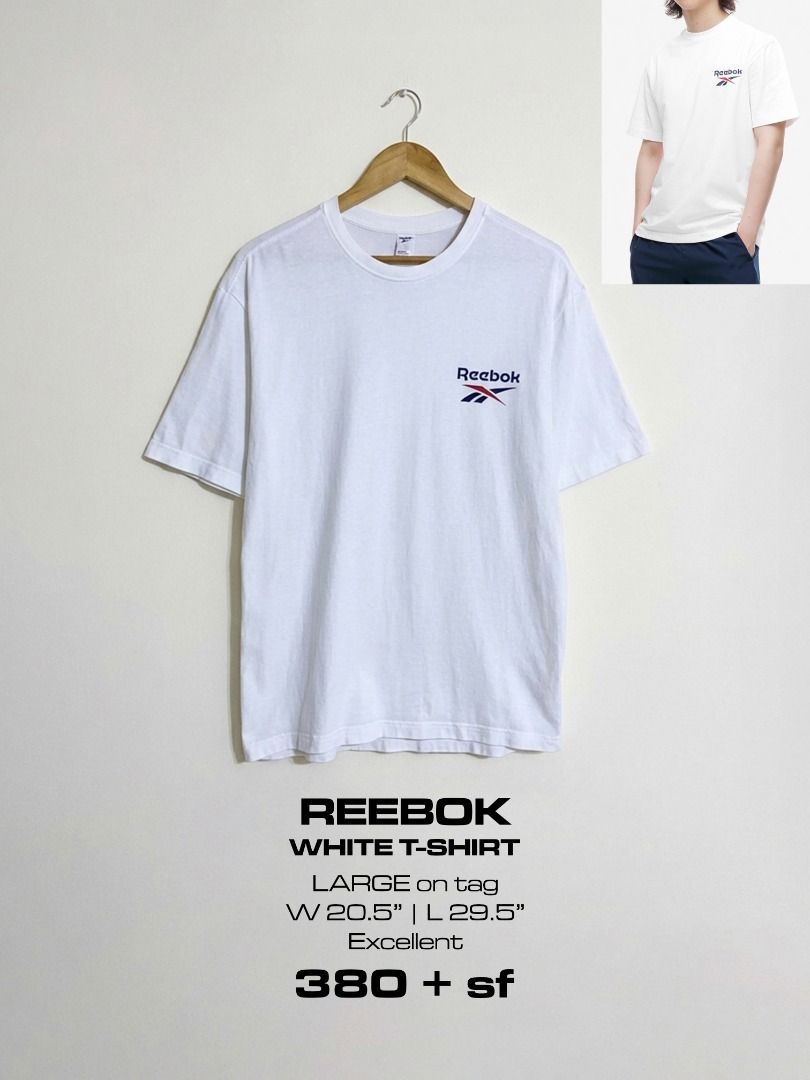 Reebok Logo White Basic Tee Shirt (Category: Tshirts & Polo Shirts ) located in Cadiz. Submitted by thespotcdz (Listing ID 1469539727, Image 1). Description: Large on tag Width 20.5" Length 29.5" Excellent condition.