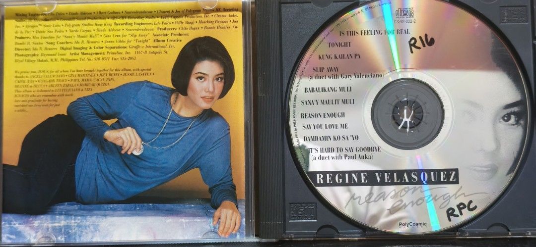 Regine Velasquez Reason Enough CD Album (Category: CDs & DVDs) located in Manila. Submitted by ruelcabrer77078 (Listing ID 1469555342, Image 2). Description: - Artist: Regine Velasquez - Album: Reason Enough - Label: PolyCosmic Records (1993) - Catalog Number: CS-92-222-2 - Notable Tracks: 'Is This Feeling For Real', 'Tonight', 'Slip Away' (with Gary Valenciano), and 'It's Hard To Say Goodbye' (with Paul Anka) - Condition: Case shows handwriting 