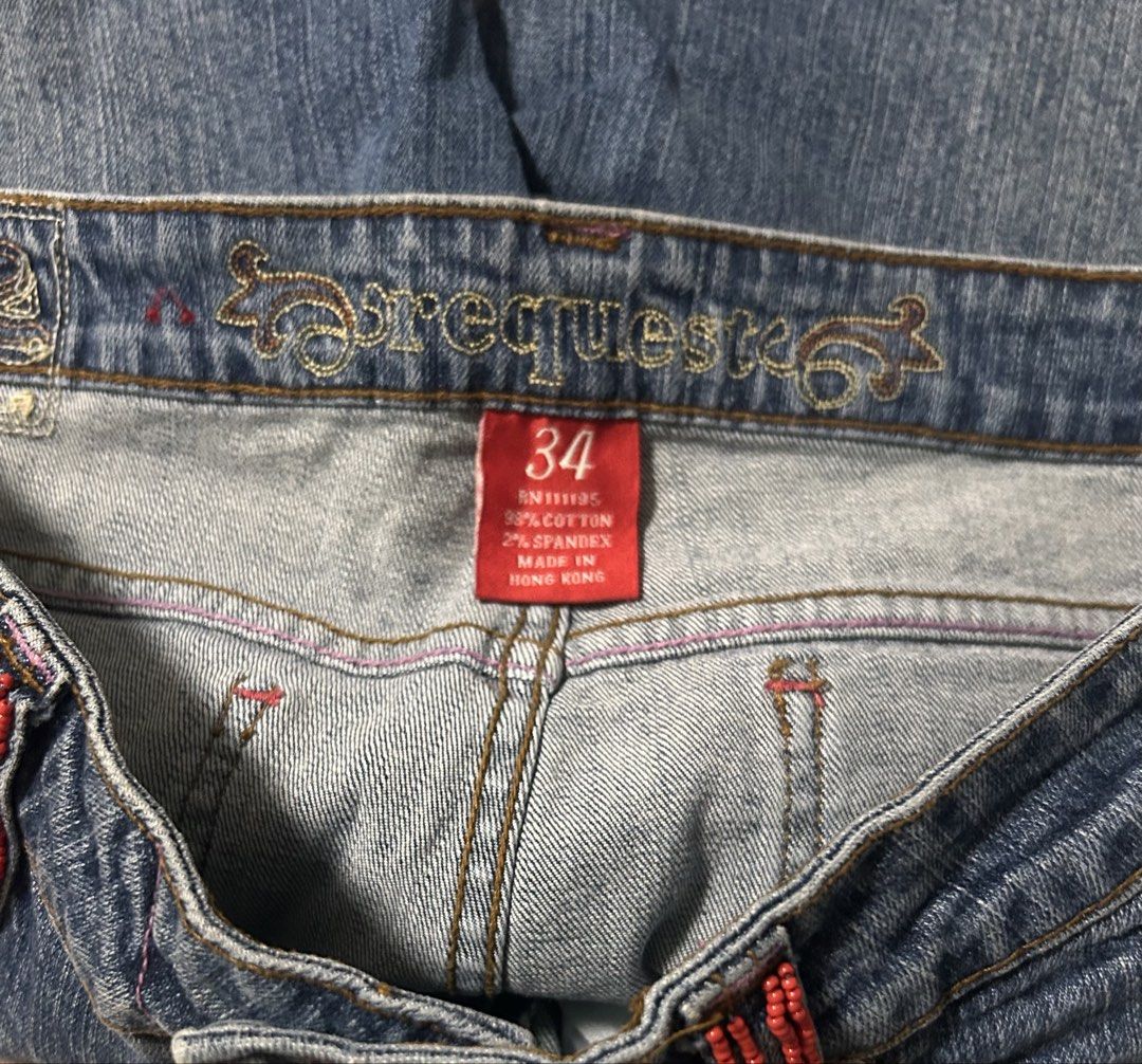 REQUEST (Category: Jeans) located in Davao. Submitted by sart0ria85 (Listing ID 1469551450, Image 3). Description: Blue wash beaded bootcut denim. 98%COTTON 2%SPANDEX MADE IN HONG KONG 🇭🇰 LARGE. Size 10-12 EXCELLENT CONDITION (93/100) .