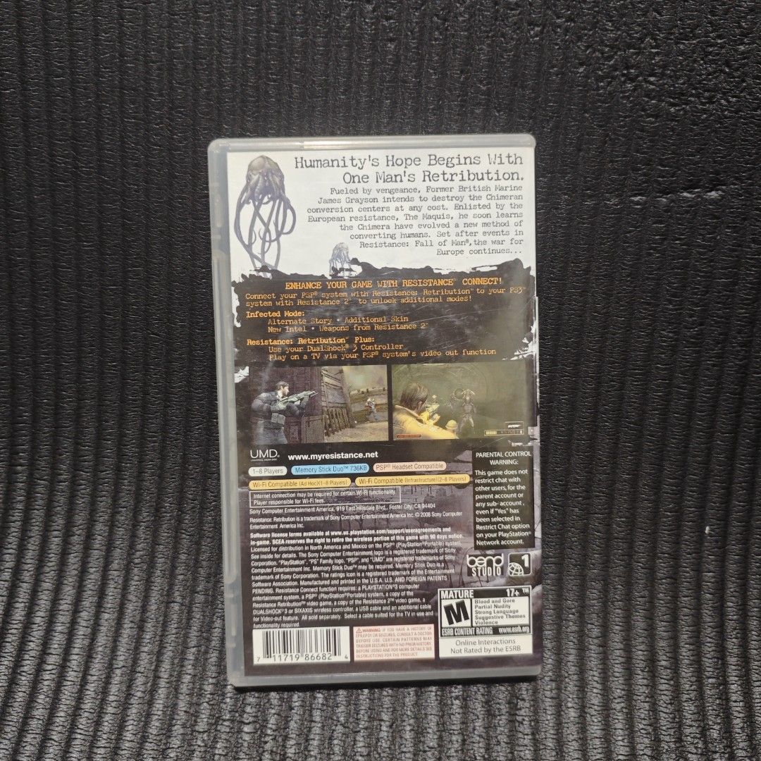 Resistance Retribution PSP Game Authentic CIB (Category: PlayStation) located in Quezon City. Submitted by shopme_gadget30 (Listing ID 1469541894, Image 2). Description: kindly read the details first for sale fixed price Good Condition tested and working with case , Disc Game and Manual Booklet Complete in box compatible to PSP Console R1 Region qc area meet up: sm north shipping fee must shoulder by the buyer via lalamove or grab payment: bdo/gc
