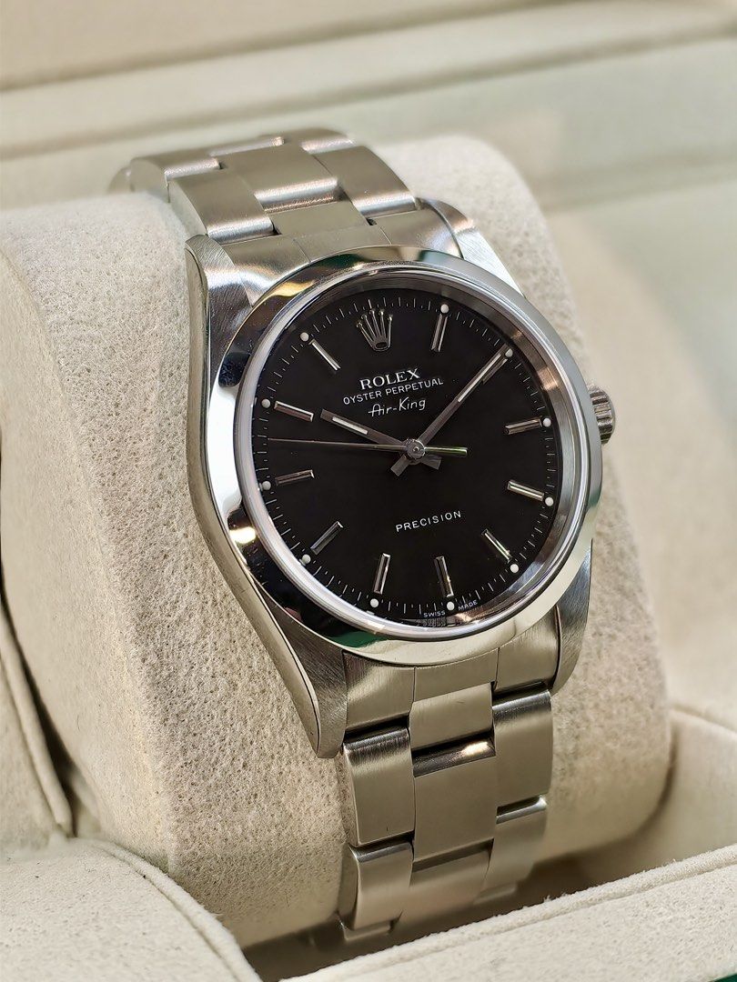 Rolex Air-King 34mm NOS (Category: Luxury Watches) located in Quezon City. Submitted by tee_time_watches (Listing ID 1469486748, Image 3). Description: Fun fact: The Rolex Air-King 34mm was originally created to honor RAF pilots who fought in the Battle of Britain during World War II. A timeless pilot’s watch that proves understated elegance never goes out of style. 1997 Rolex Air-King 34mm Automatic New Old Stock w/ Stickers Watch and Box 9.9/10