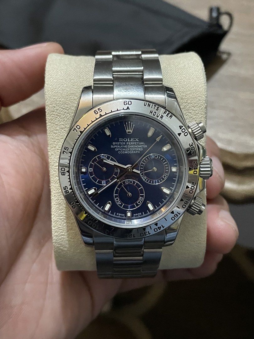 Rolex Oyster Perpetual Cosmograph Daytona (Category: Luxury Watches) located in Quezon City. Submitted by qiaoang (Listing ID 1469534823, Image 1). Description: - Model: Rolex Cosmograph Daytona - Dial: Stunning blue dial with neat chronograph sub-dials - Material: Silver stainless steel case and Oyster bracelet - Features: Tachymeter bezel, screw-down crown, and pushers - Style: Classic luxury chronograph, timeless design - Condition: Brand new 