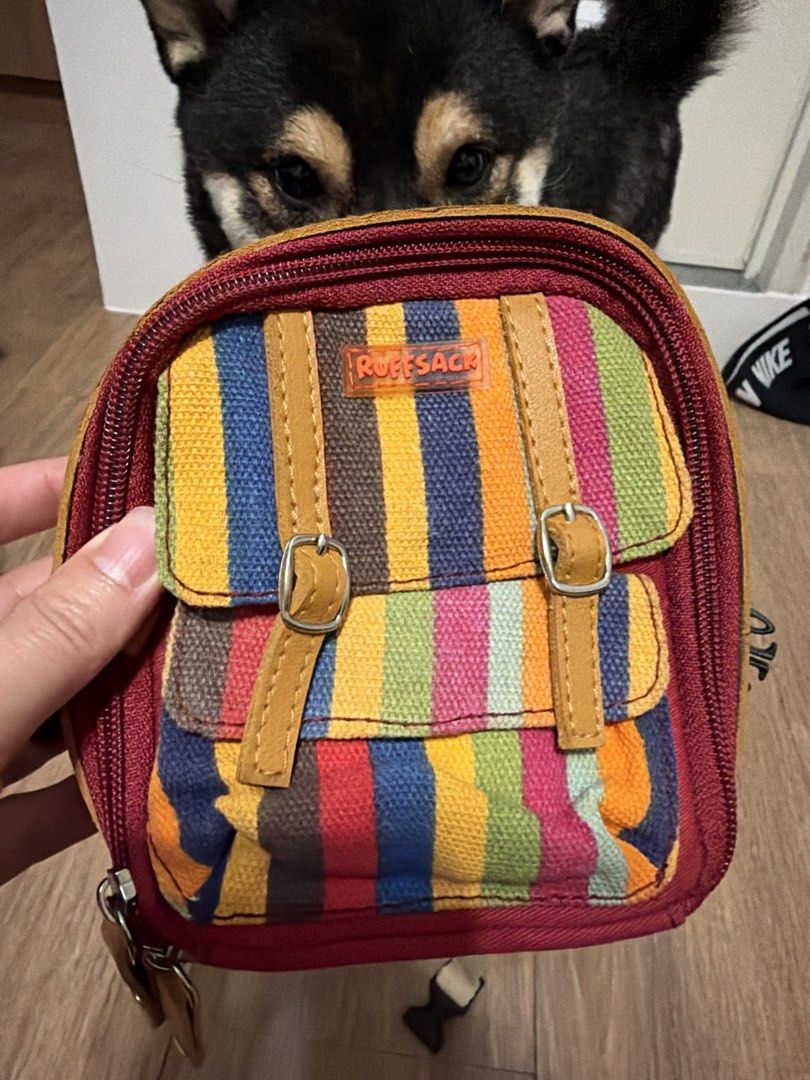 Ruffsack Colorful Striped Small Dog Backpack (Category: Homes & Other Pet Accessories) located in Manila. Submitted by garagesalebykoda (Listing ID 1469514317, Image 1). Description: - Brand: Ruffsack - Design: Mini backpack style with multi-color vertical stripes (blue, yellow, red, green, brown) - Details: Faux leather straps, metal buckles, and orange brand label on front flap - Closure: Secure zip-around closure - Use: Fun and quirky accessor